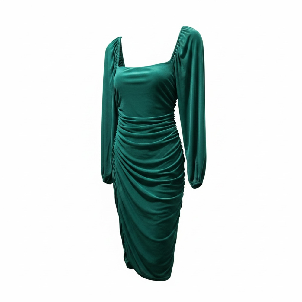 BZSFW Long Puff Sleeve Ruched Bodycon Dress Square Neck Mesh Cocktail Party Midi